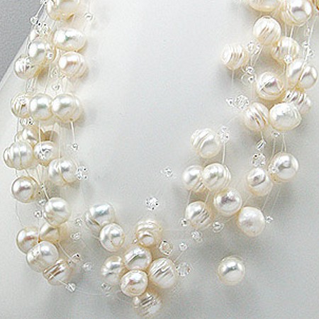 Multistrand Illusion Necklace with White Freshwater Pearls - Click Image to Close